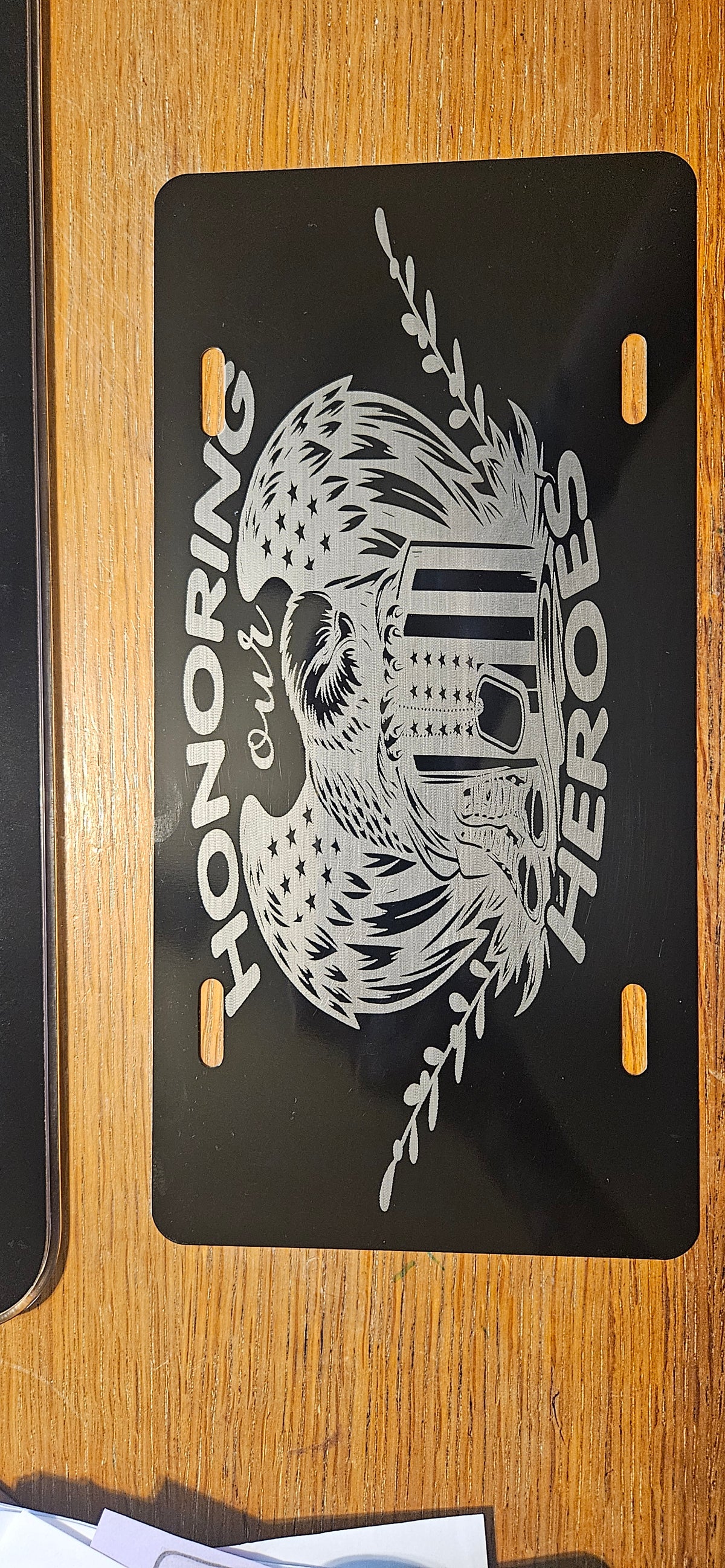 Engraved license plate.